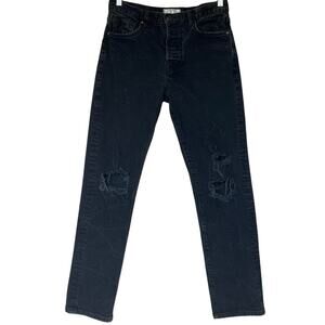 Free People High Waist Button Fly Distressed Jeans Stone Washed Black Sz 27